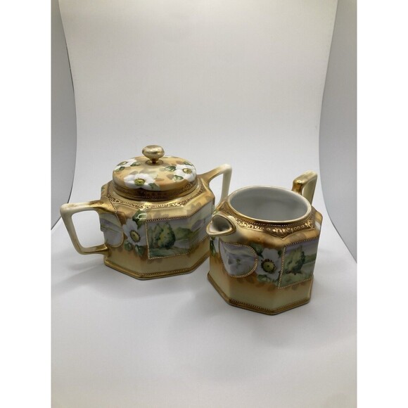 Vintage Noritake Nippon Hand Painted Creamer & Sugar Set Lake Scene Gold Gilt - Picture 3 of 16